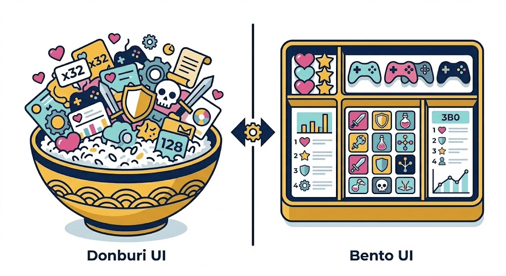 ドンブリUIとベントーUIの比較図