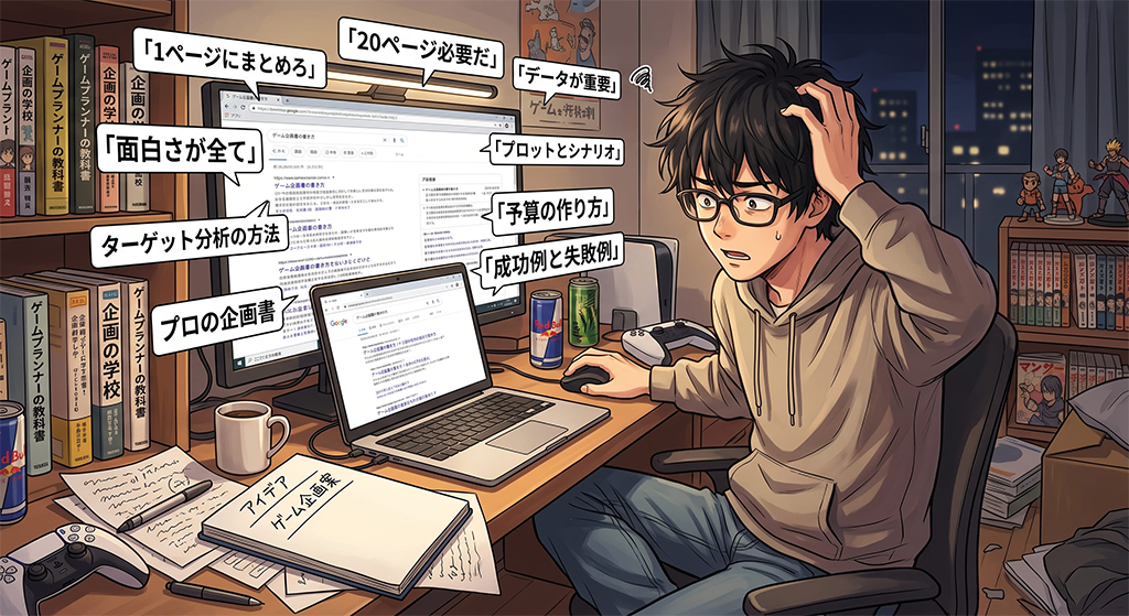 ネット検索で情報過多になり困惑している様子のイラスト