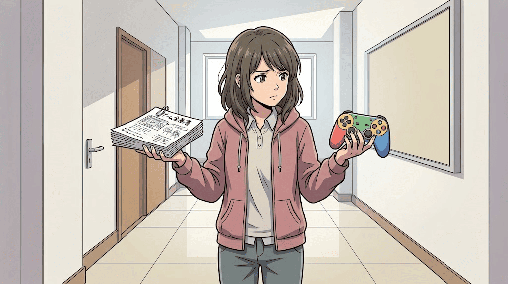 企画書と自作ゲーム、どちらを優先するか迷う大学生のイラスト