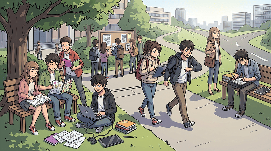 学年ごとに異なる状況で就活準備を進める大学生たちのイラスト